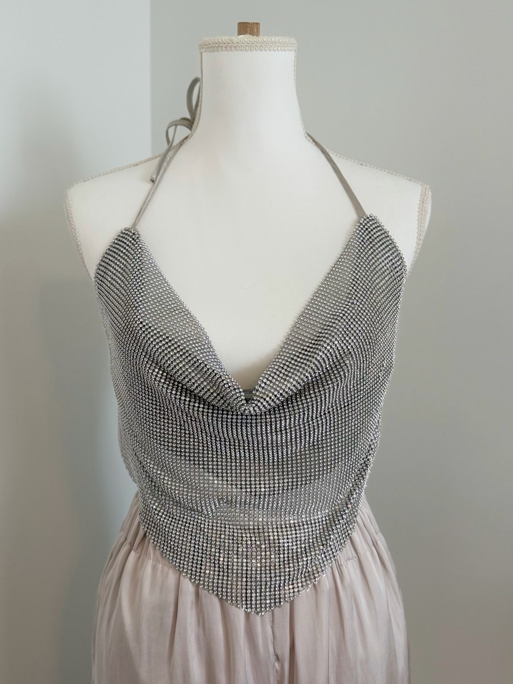 Better Be Silver Mesh Strapless Cowl Halter Top